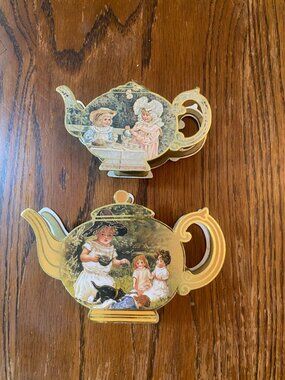 Set Of 2 Shackman & Co. Miniature Gold-Plated Toy Tea Sets Vintage 1983 & 1991
